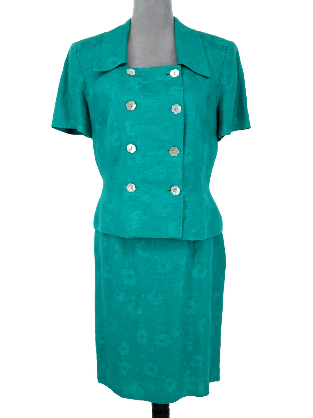 Maggy London Skirt Suit Womens 8 Green Linen Lined Double Breasted Vintage